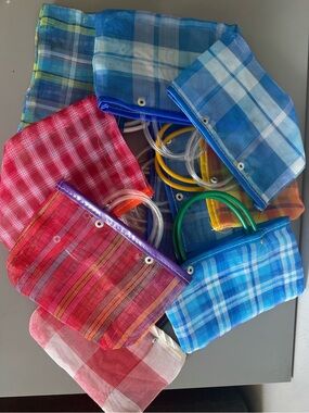 12 Colorful Plaid Mesh Tote Bags - Assorted Bright Blues & Reds Mexican Style
